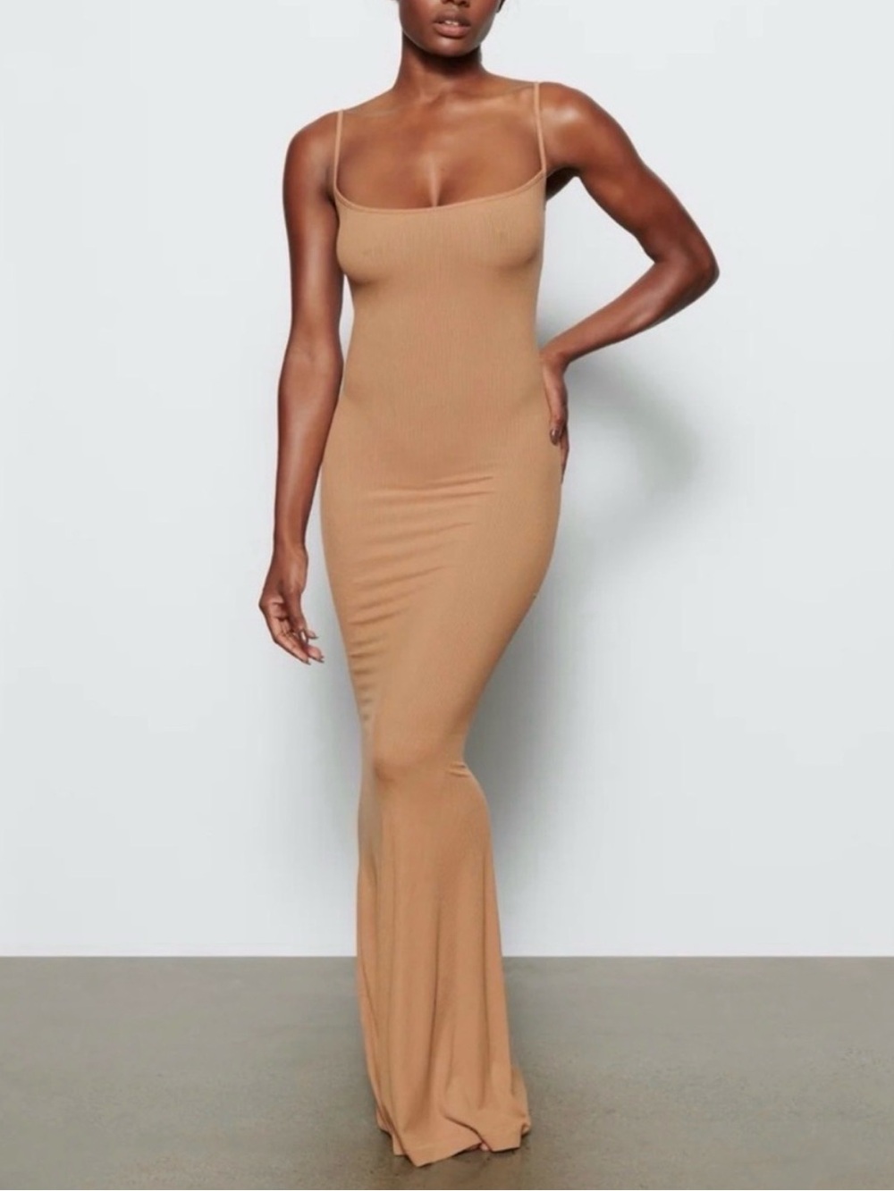 SKIMS Slim Ribbed Maxi Dress in Camel Tan